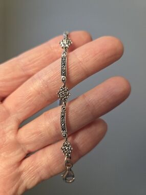 Sterling Silver Marcasite Floral Link Bracelet - Silver